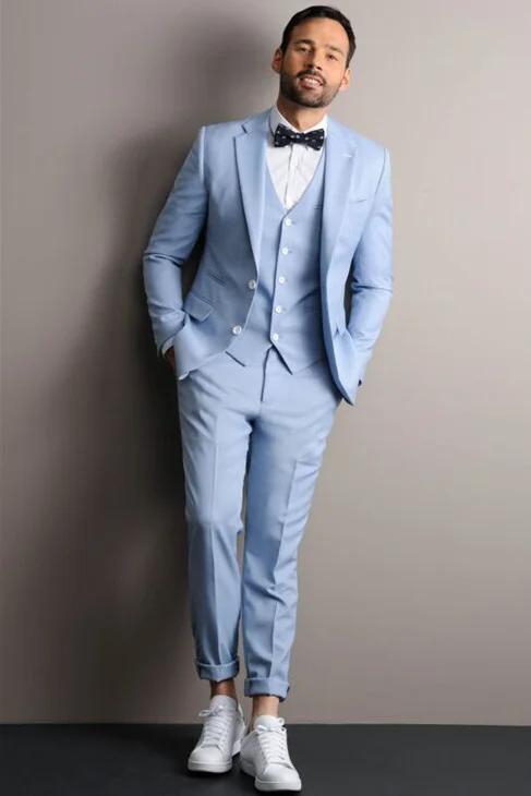 Popular 3 Pieces Sky Blue With Notched Lapel Groom Prom Suit