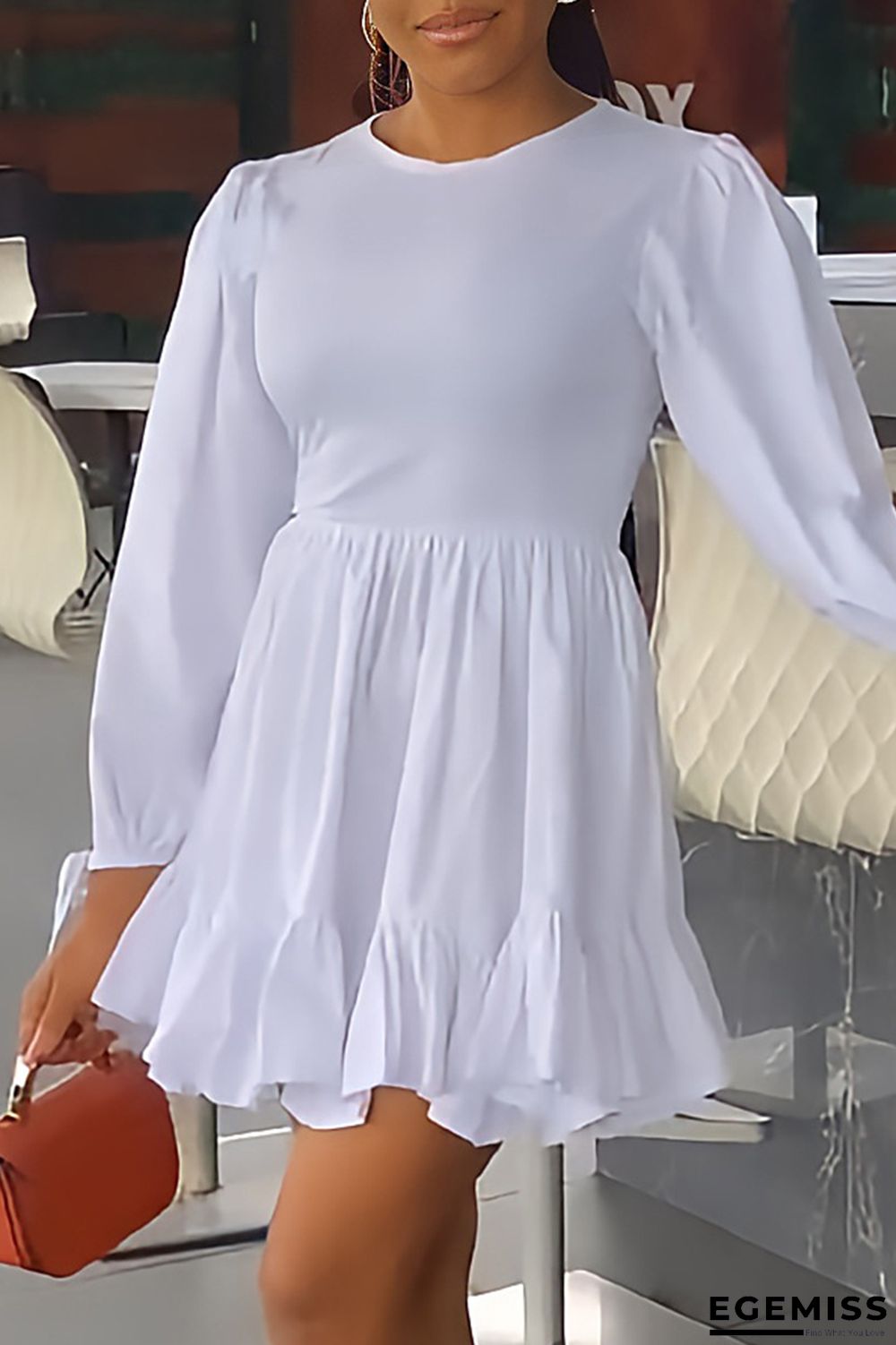 White Casual Solid Patchwork O Neck Long Sleeve Dresses | EGEMISS