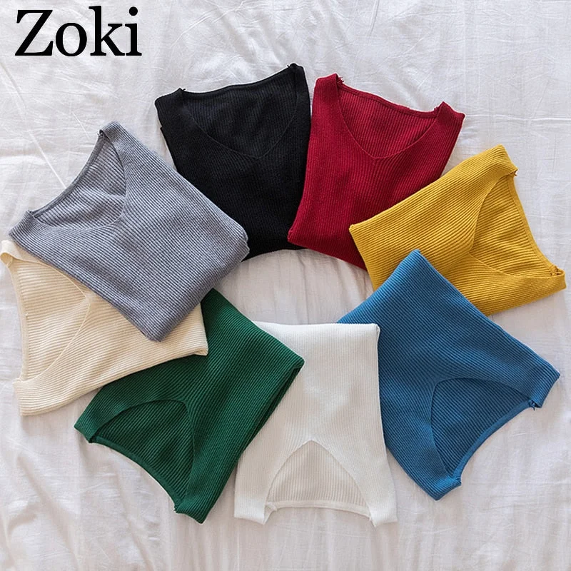Zoki Sexy V Neck Women Pullover Sweater Fashion Autumn Winter Long Sleeve Knitted Jumper Top Casual Korean Slim Basic Blouse