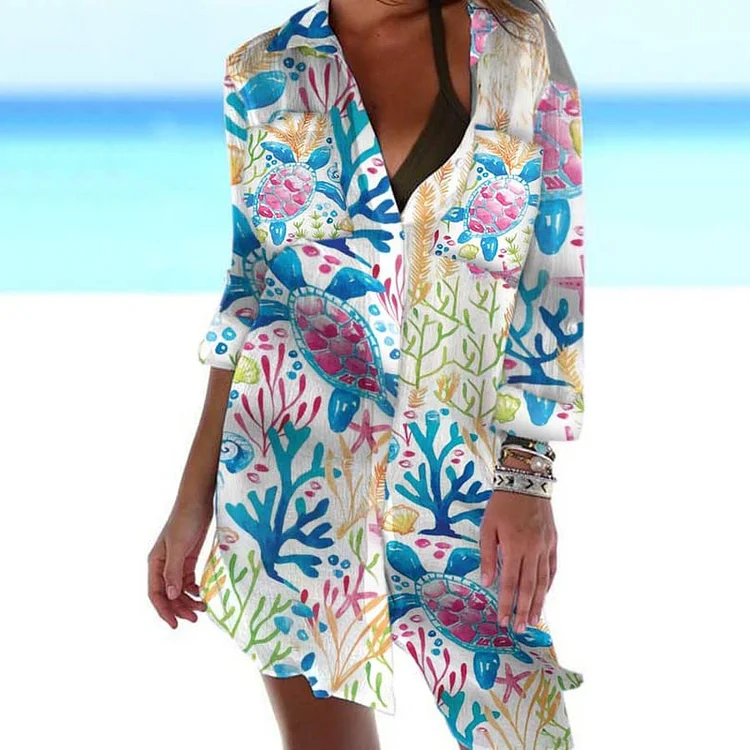 Turtle Vacation Print Shirt Mini Dress