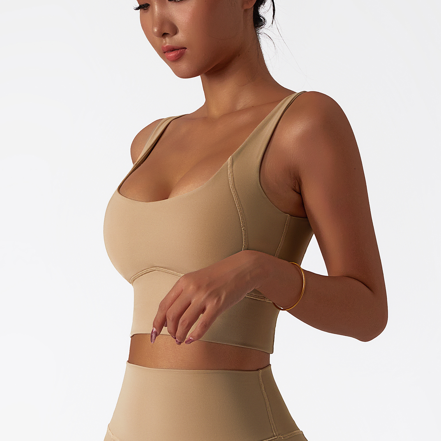 Hergymclothing Sand Brown cloud feeling high impact push up shock absorber running sports bra padded online shopping