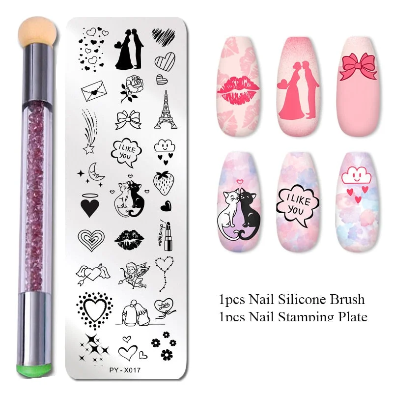 2Pcs/set Nail Stamping Plates Set Silicone Sponge Brush Polish Transfer Stencils Flower Geometry DIY Template for Nail Tools-Nail Inspo