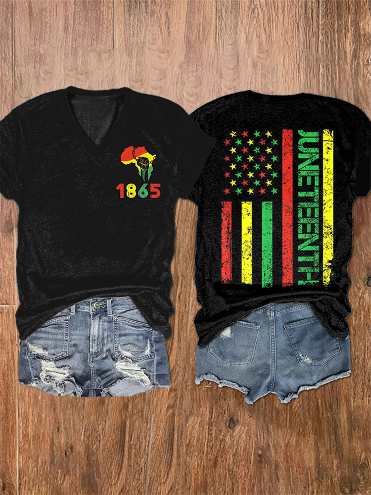 Comstylish Women's Black Juneteenth 1865 Print V-Neck T-Shirt