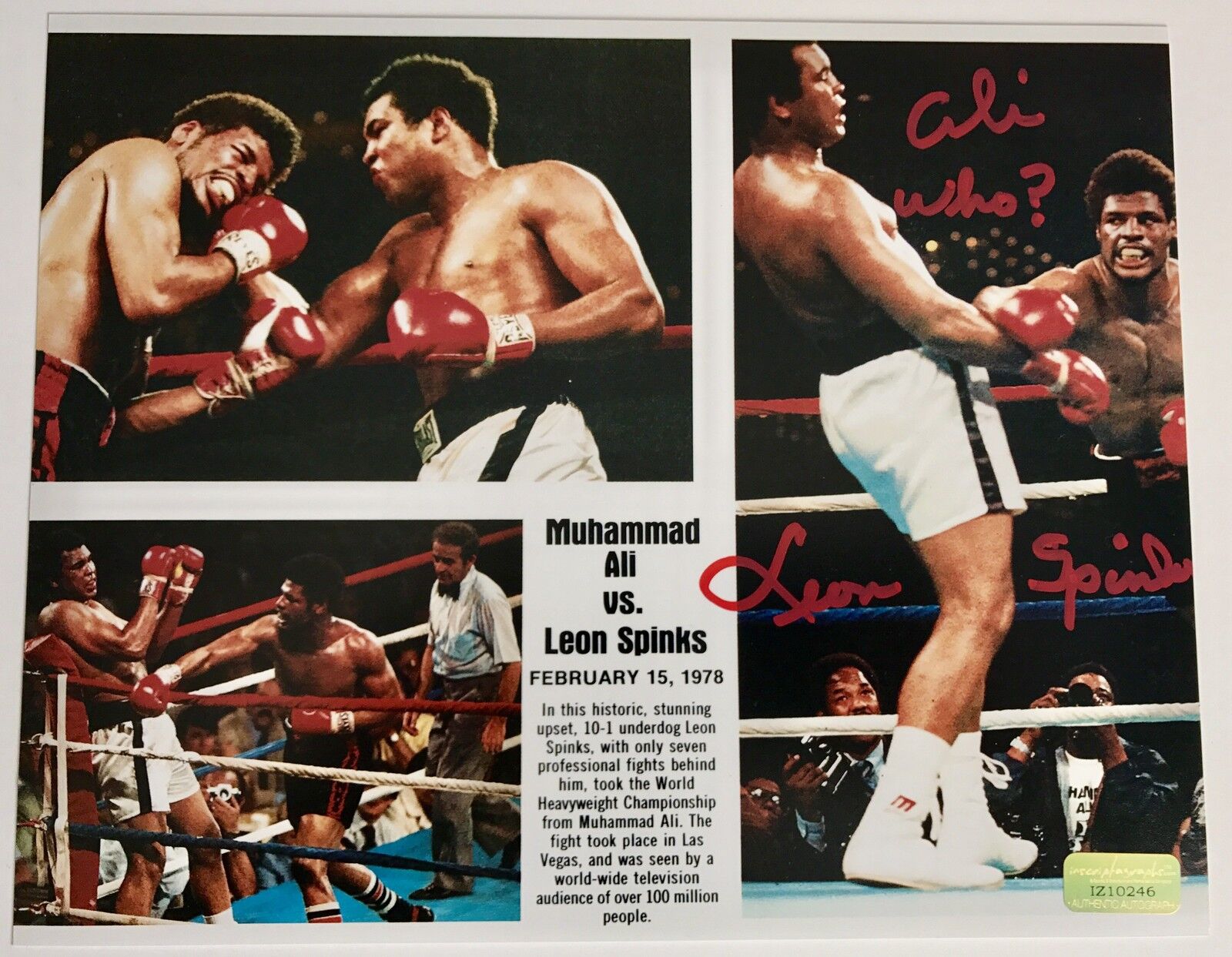 Leon Spinks Signed 8x10 Inscribed Ali Who?