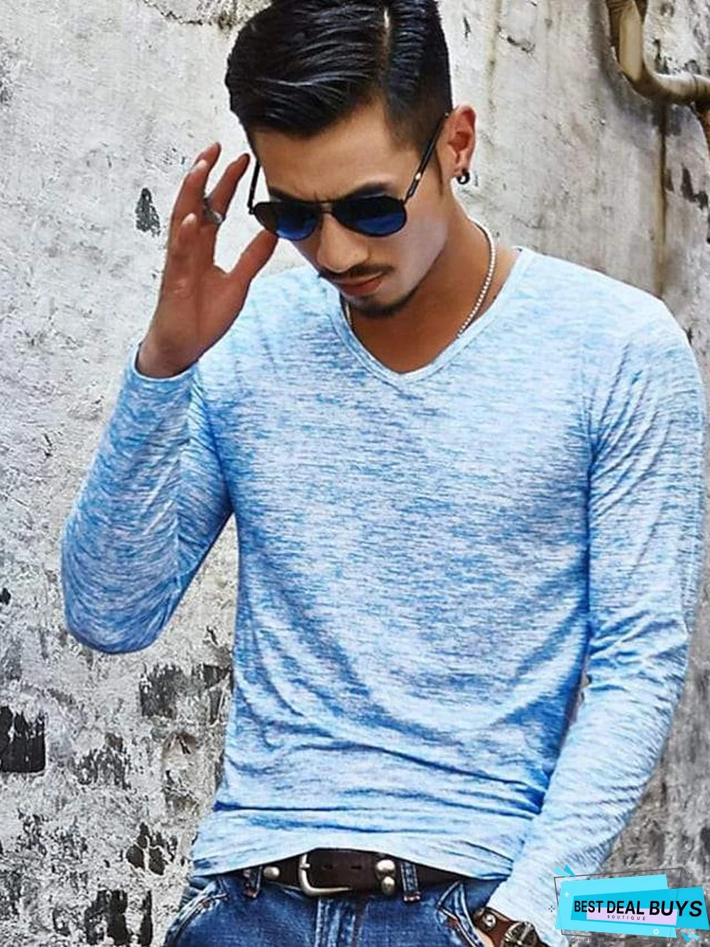 Men's T-Shirt Graphic Solid Colored Print Long Sleeve Daily Slim Tops Basic V Neck Blue Fuchsia Black / Fall / Spring