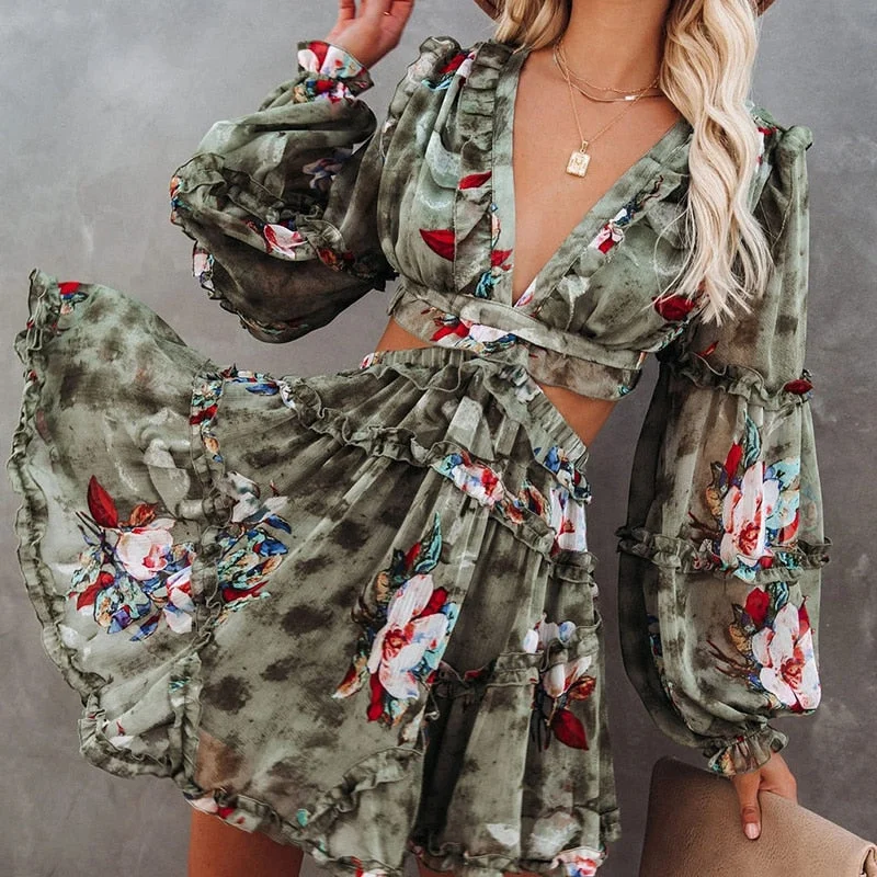 New Elegant Sexy Deep V-Neck Women Party Dress Fashion Lady Floral Print Ruffles Long Sleeve Mini Dress Femme Hollow Out Vestido