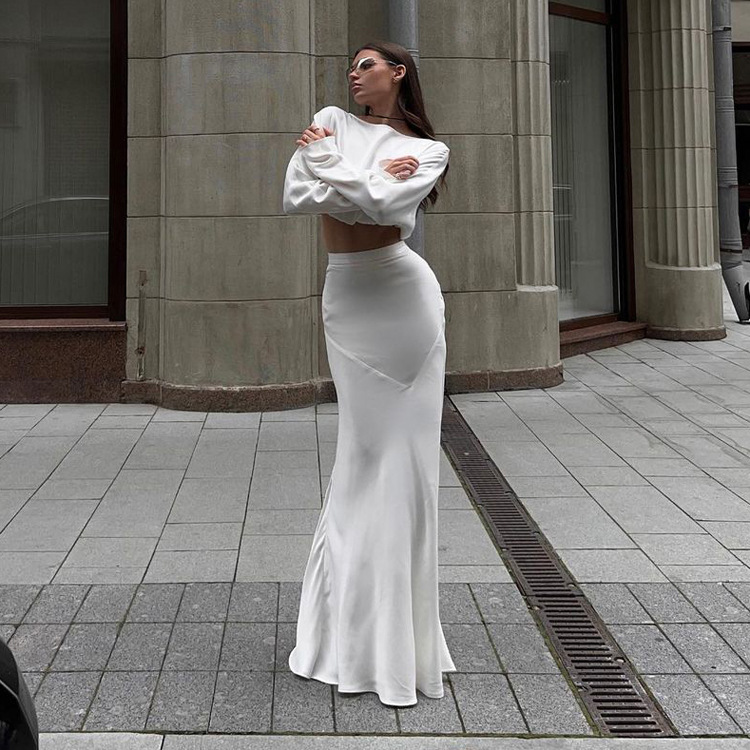 Ootddress Spring Satin High Waist Long Skirt 2 Piece-Set Fashion Slim Elegant Gown Long Sleeve Pullover And Maxi Skirt Outfits 2025