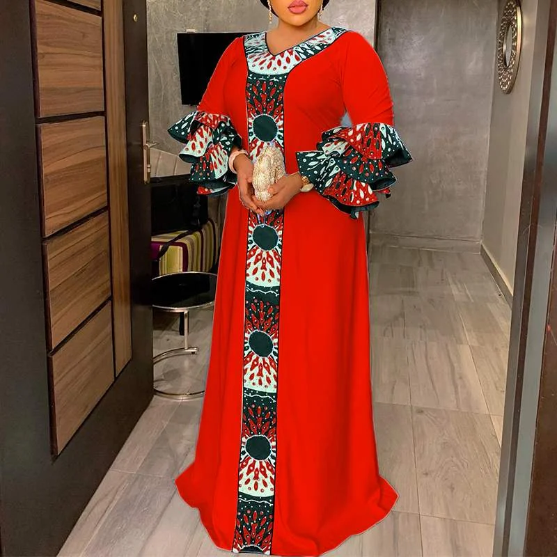 VONDA Summer Party Dress 2022 Women Sexy 3/4 Sleeve V-Neck Maxi Sundress Ruffled Bohemian Casual Printed Patchwork Beach Robe