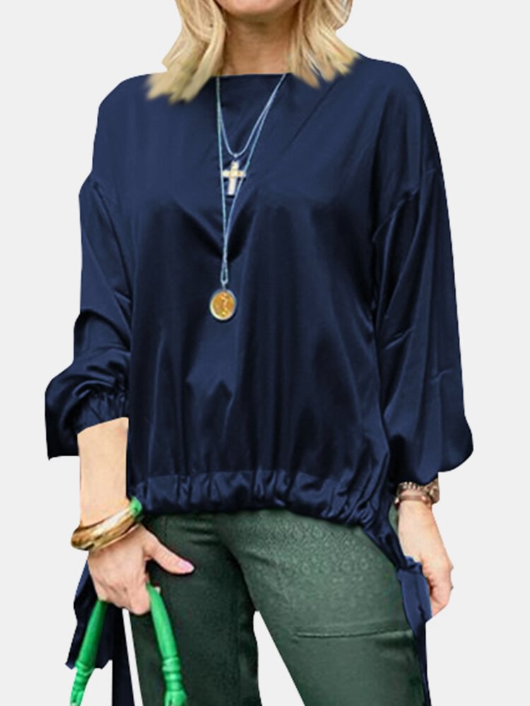 Solid Color Knotted Hem O neck Long Sleeve Casual Blouse For Women P1776821