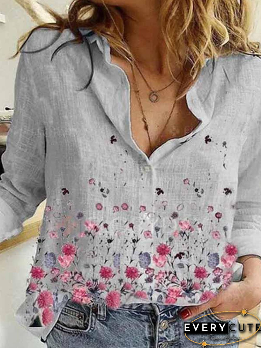Vintage Plus Size Long Sleeve Statement Floral Printed Casual Shirt Tops