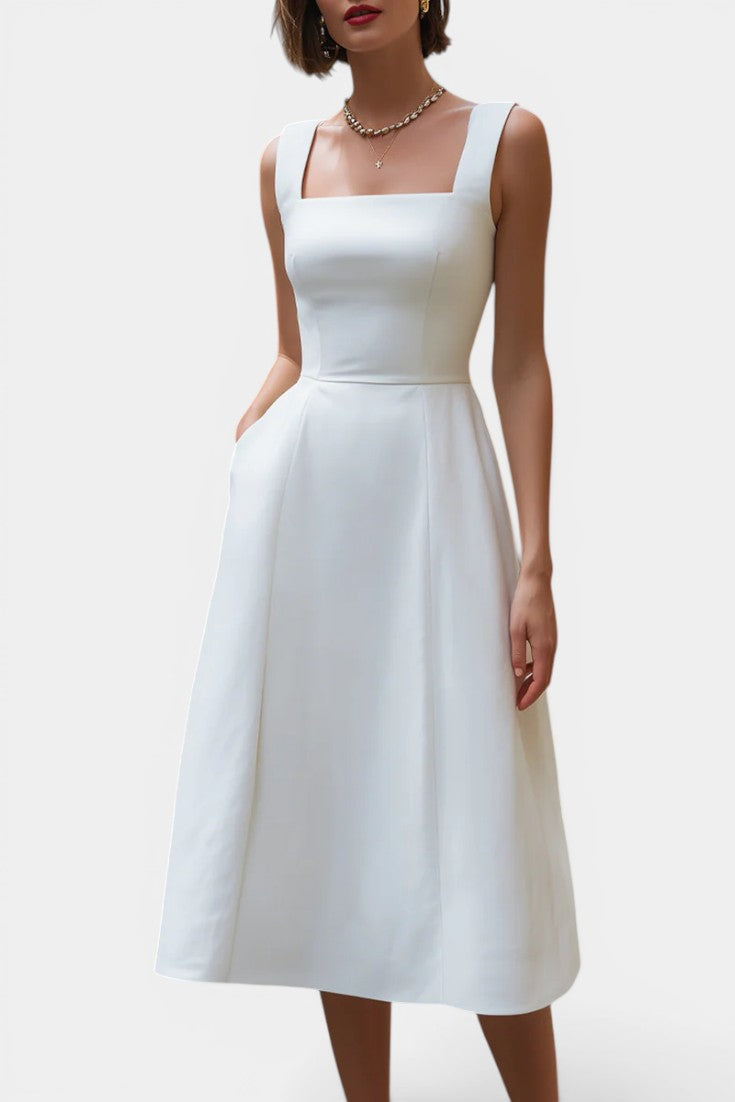 Structured Square-Neck Midi Dress with Flared Skirt