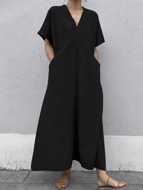 Black&Khaki Simple Loose V-Neck Plus Size Loose Dress