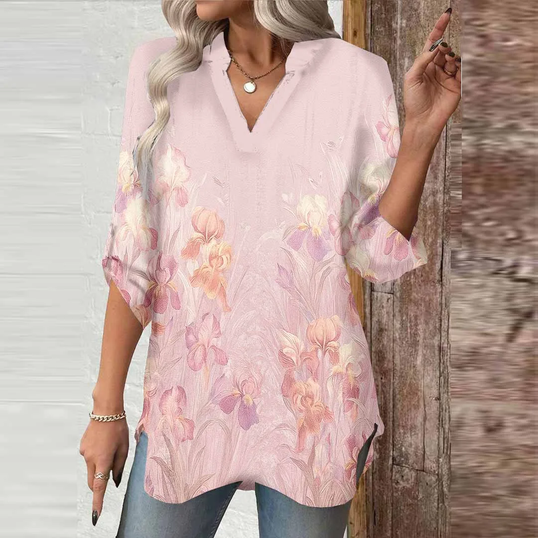 Women Floral, Pink DZGA0605 3/4 Sleeve V-neck Printed Graphic Button Tops