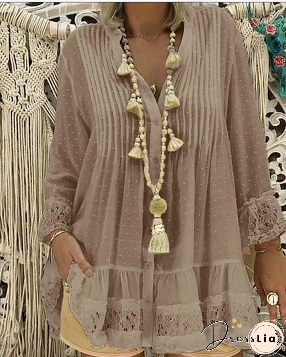 Women's Plus Size Blouse Shirt Solid Colored Long Sleeve Lace Pleated V Neck Tops Loose Basic Top White Blushing Pink Khaki-817