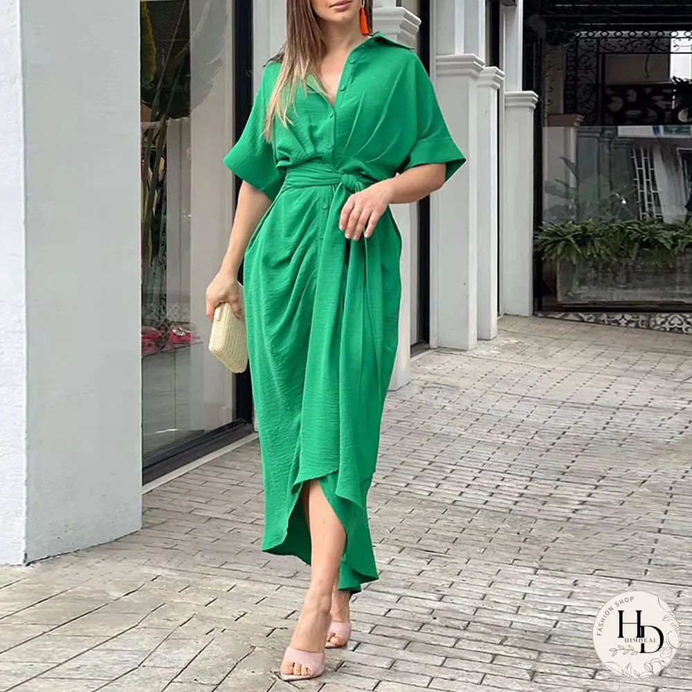 Lapel Mid Length Short Sleeve Single Breasted High Waist Shirt Dress