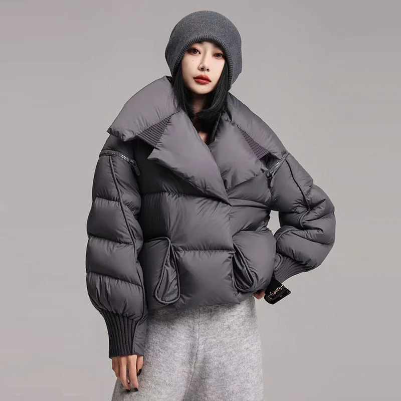 Woherb Niche Knit Splicing Large Lapel Down Jacket Female 2024 Winter Fashion High Luxury Large Magnetic Suction Button Thermal Coat-Outfit Ideas