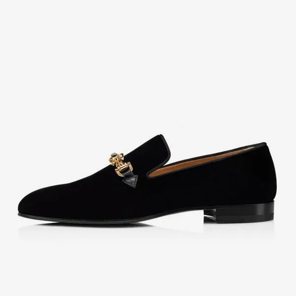 Gentleman's  Black Suede Leather Spike Strap Square Toe Slip-On Dress Prom Wedding Red Bottom Shoes-vocosishoes