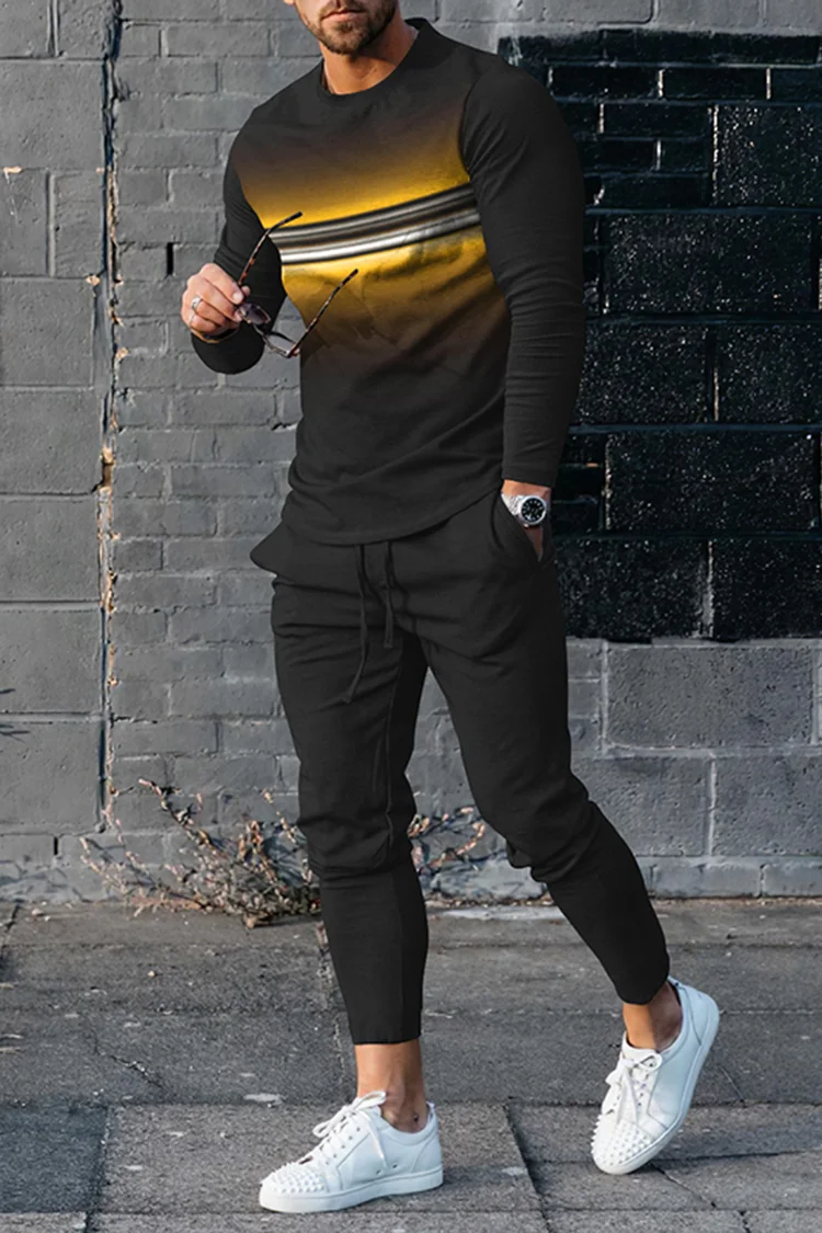 Men's Gradient Color Light Long Sleeve  T-Shirt And Pants Two Piece Set
