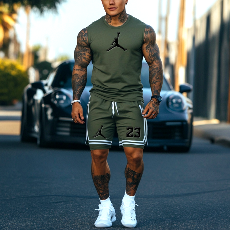  Men's Athletic Jordan-Inspired Olive Green Sleeveless Set with Shorts - Perfect for Summer Sports and Casual Wear