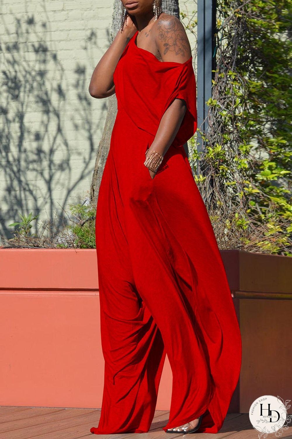 Red Casual Solid Patchwork Fold Asymmetrical Oblique Collar Short Sleeve Two Pieces