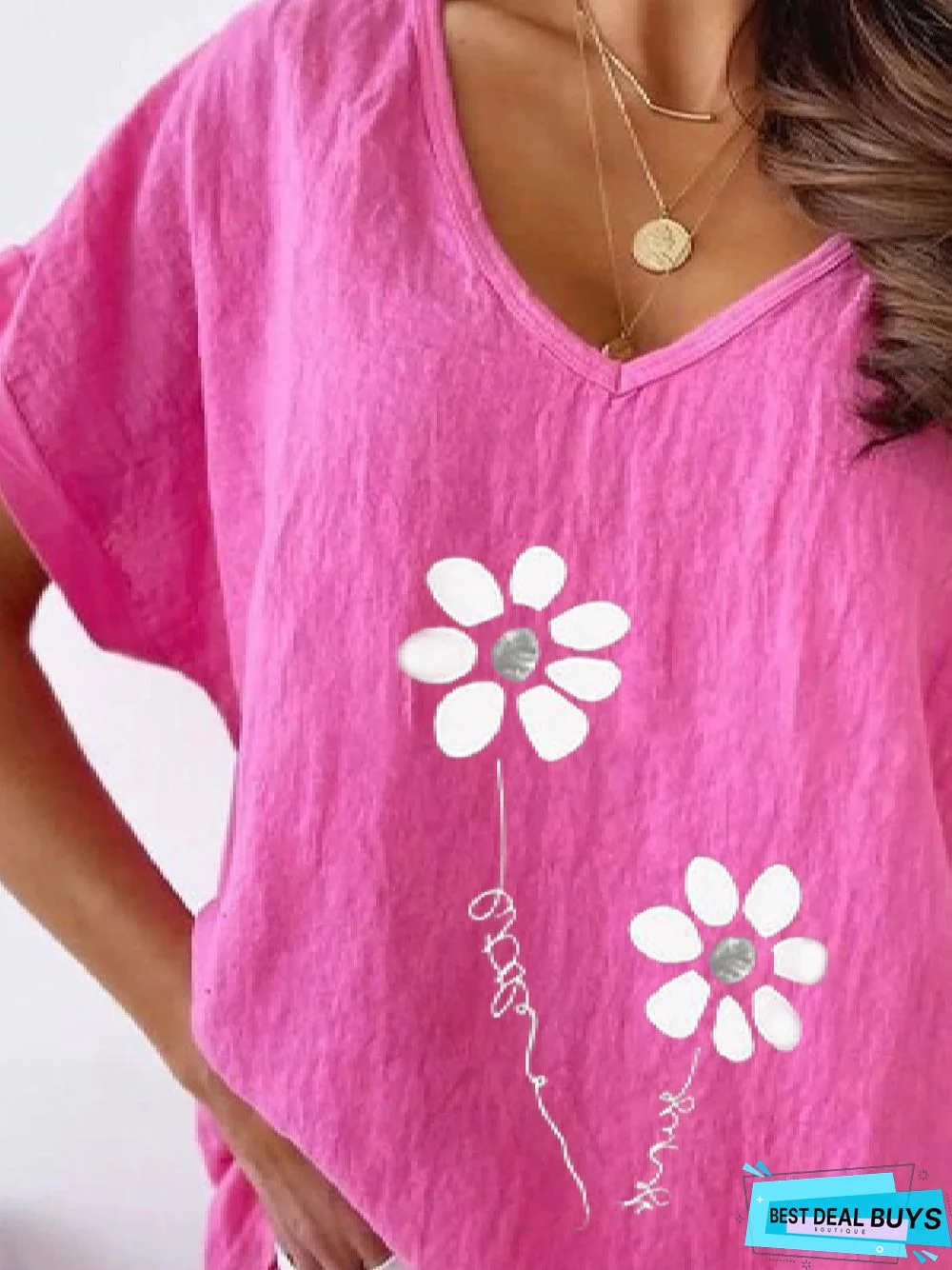 Casual Floral V Neck Loosen Short Sleeve Top