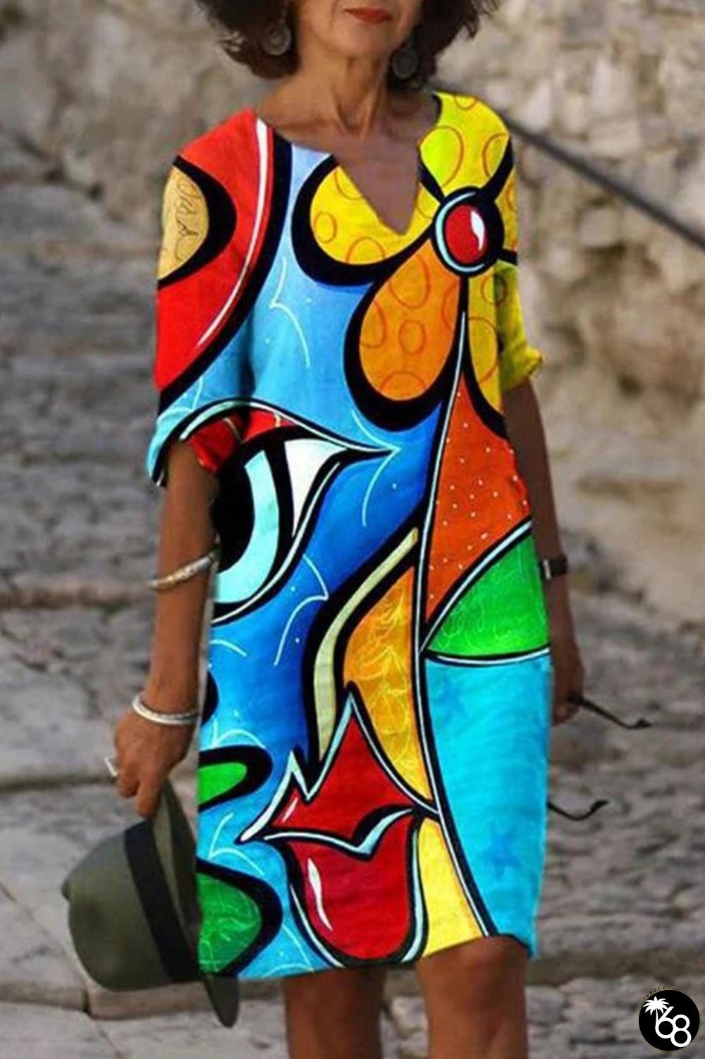 Blue Yellow Casual Print Basic V Neck One Step Skirt Dresses | 168DEAL