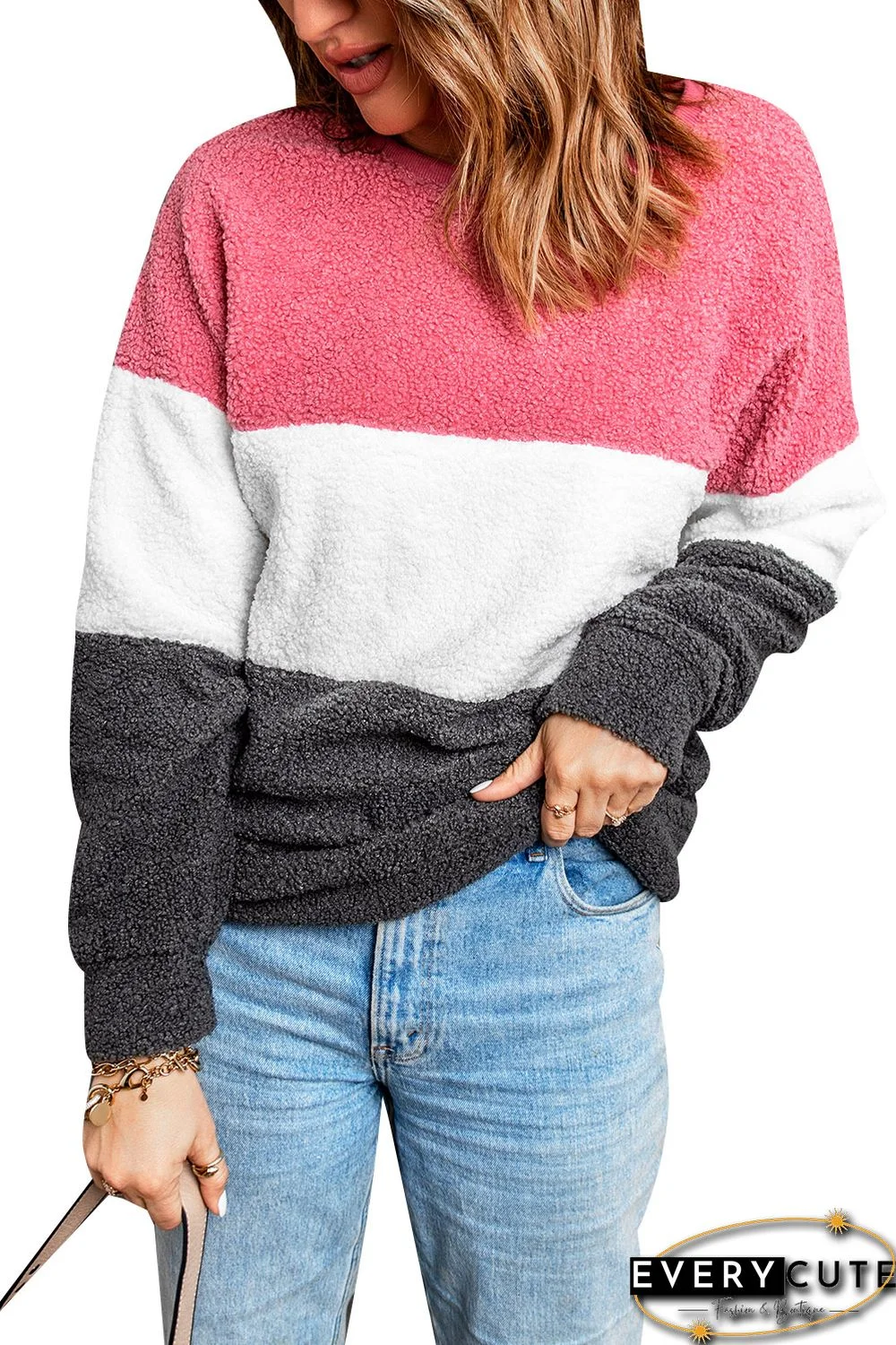 Pink Oversized Colorblock Plush Sweatshirt