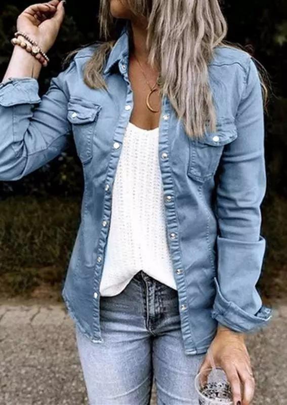  thdmladies Button Pocket Ruffled Denim Shirt Jacket thedmladies