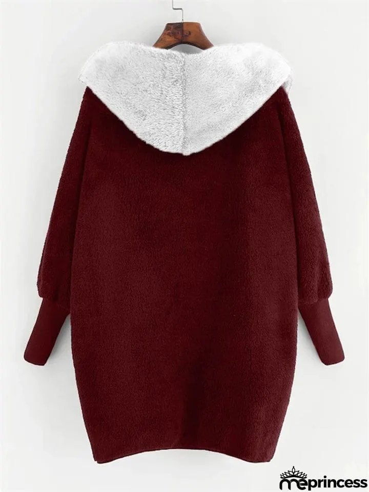 Fluffy Contrast Color Long Sleeve Hoodies