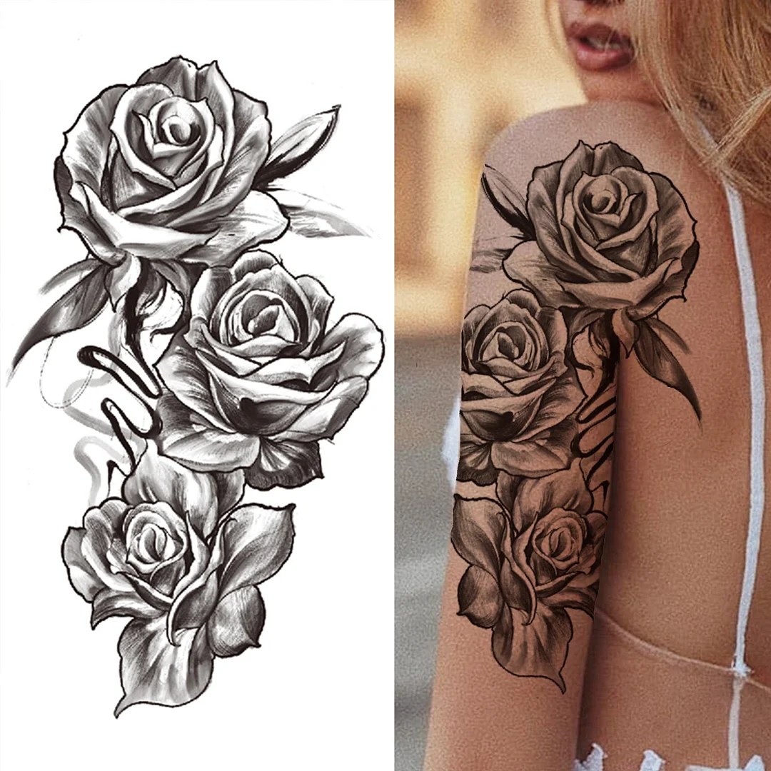 Black 3D Rose Temporary Tattoo For Women Girls Adult Peony Dahlia Flower Tattoos Sticker Black Flora Glory Geometric Arm Tatoos