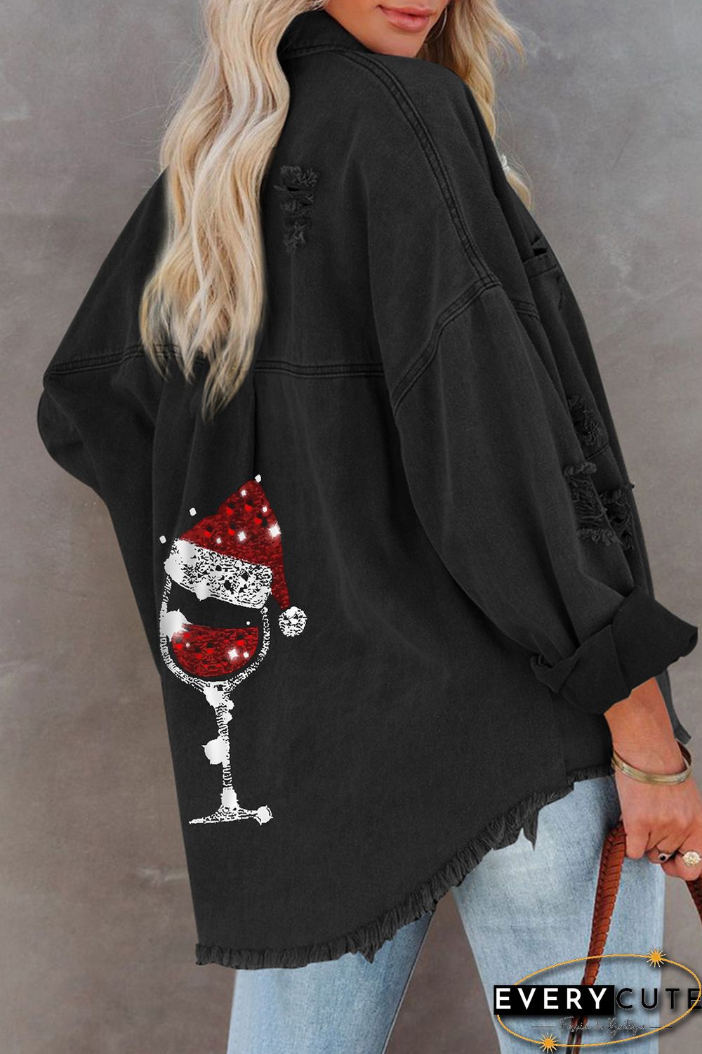 Black Christmas Hat Wine Glass Print Distressed Denim Jacket