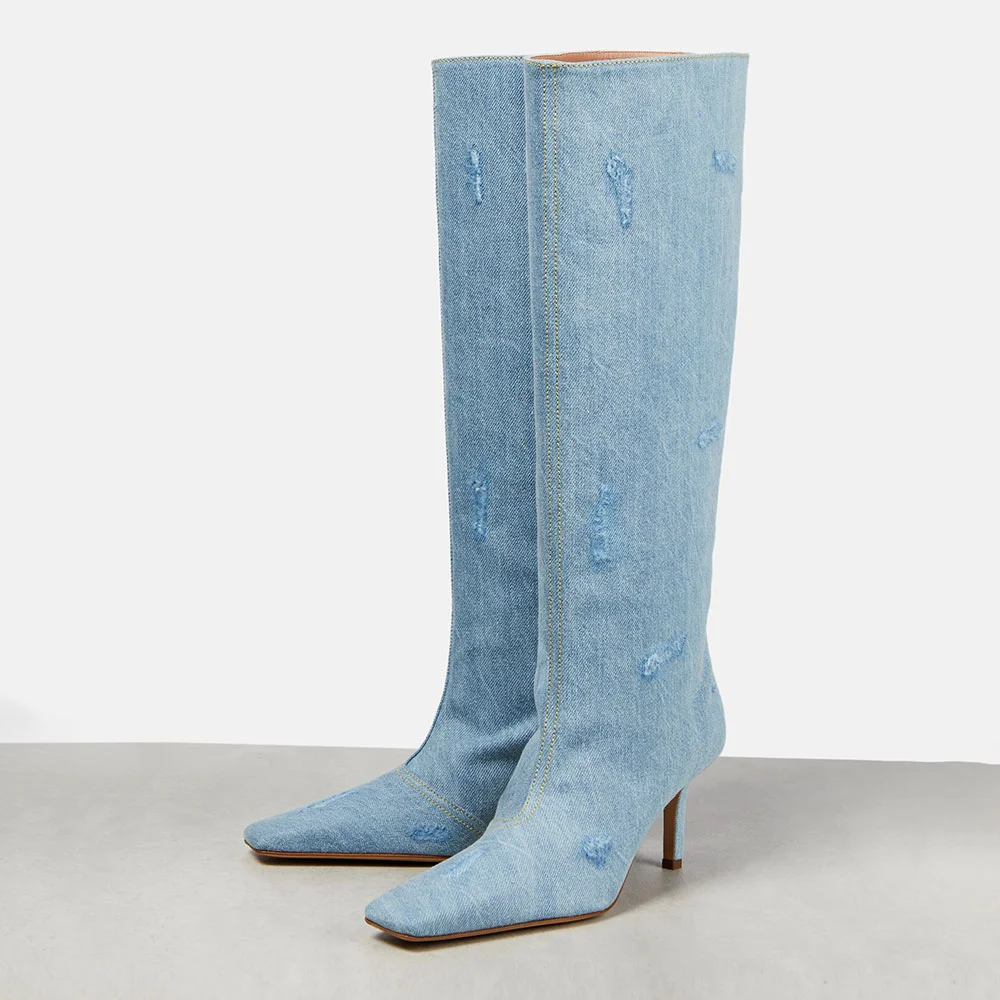 Blue Denim Square Toe Stiletto Heel Distressed Knee High Boots