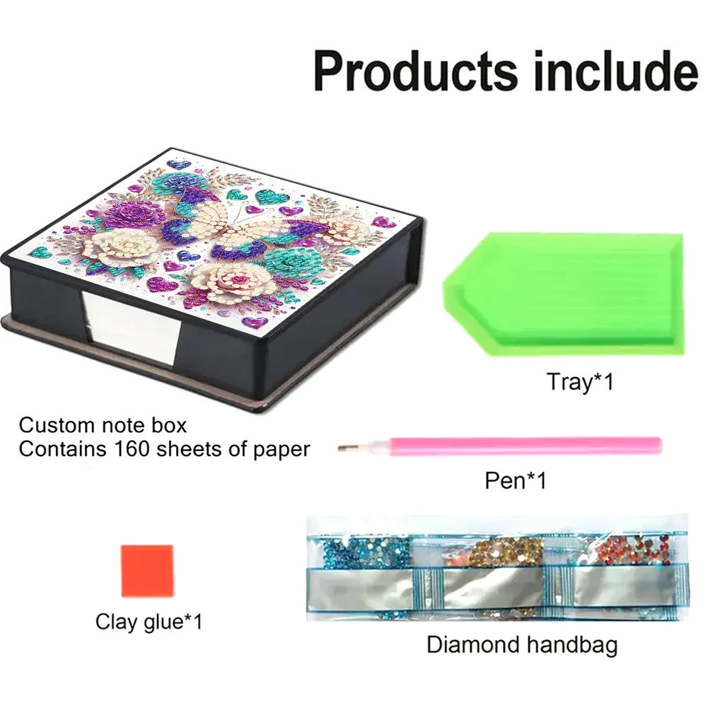 DIY Flower Butterfly Leather Diamond Art Note Box with 160 Sheets of Paper for Beginners