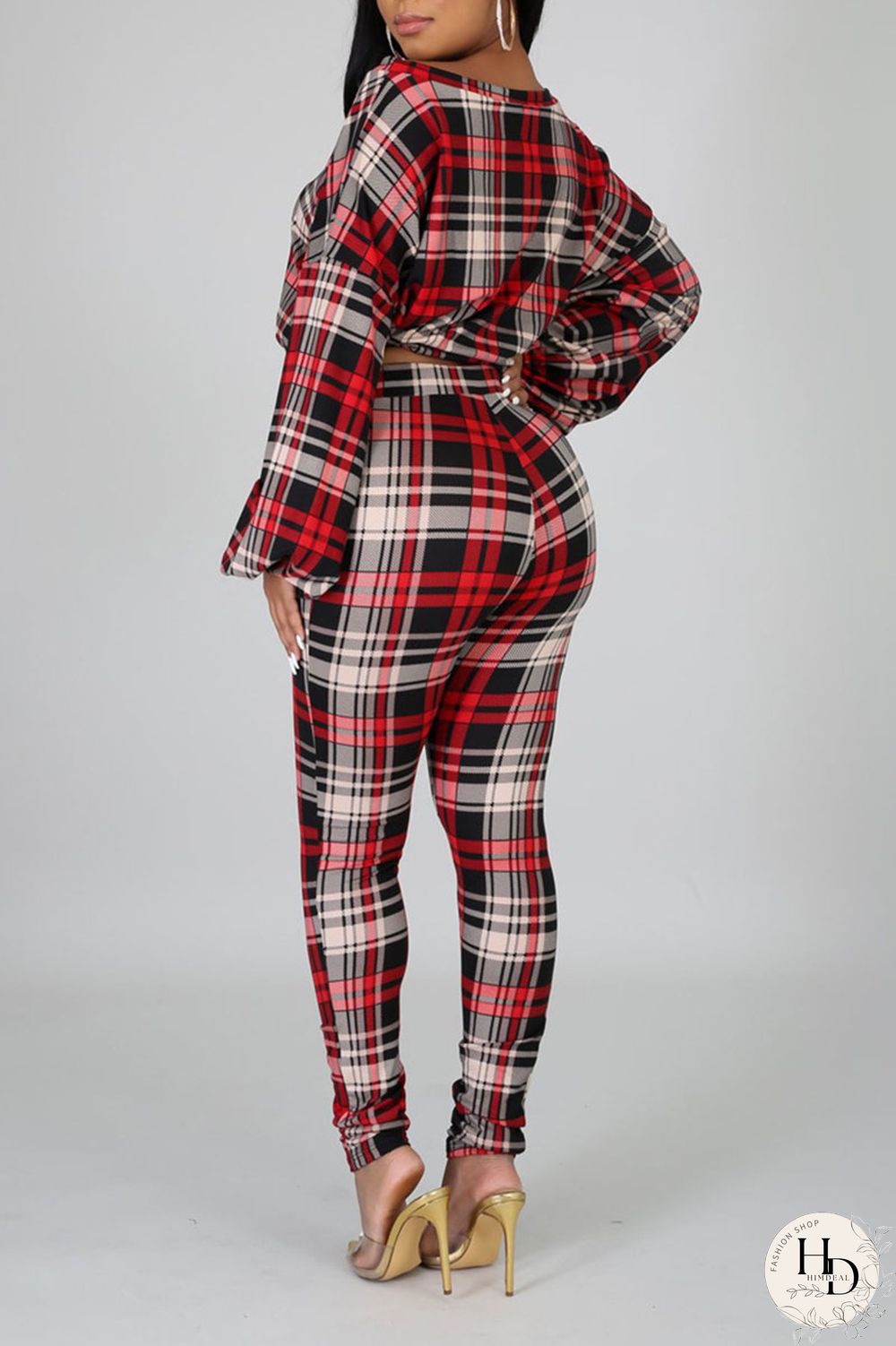 Rose Red Casual Print Split Joint Draw String O Neck Long Sleeve Two Pieces