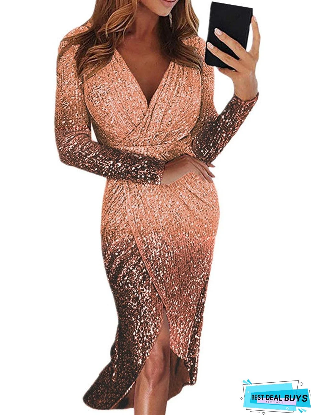 Long Skirt Evening Dress Long Sleeve Gradient Color Sequin Dinner Dress