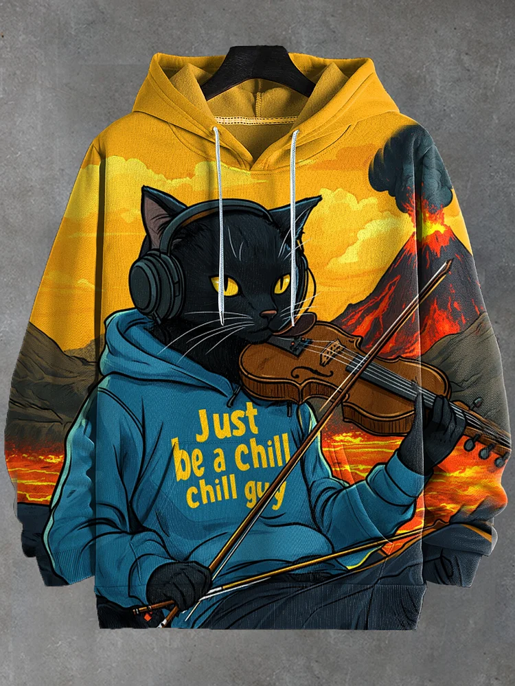Men's Just Be A Chill Guy Cat Playing Violin Volcano Eruption Art Print Hooded Sweatshirt