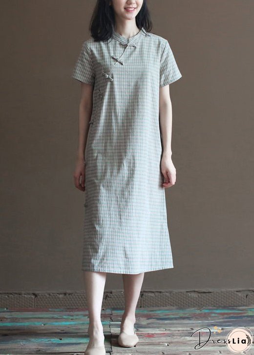 Retro Light Green Stand Collar Plaid Cotton Cheongsam Dress Short Sleeve