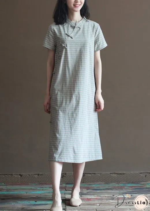 Retro Light Green Stand Collar Plaid Cotton Cheongsam Dress Short Sleeve