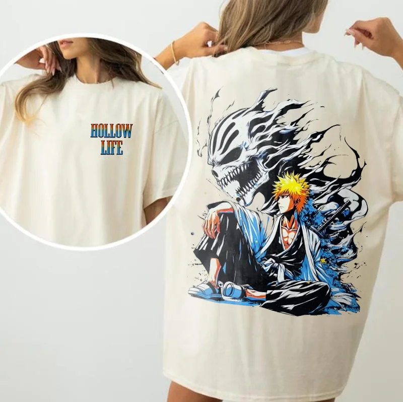 Unisex Ichigo Bleachh 2 Sides Hollow Life Printed Oversized T-shirts