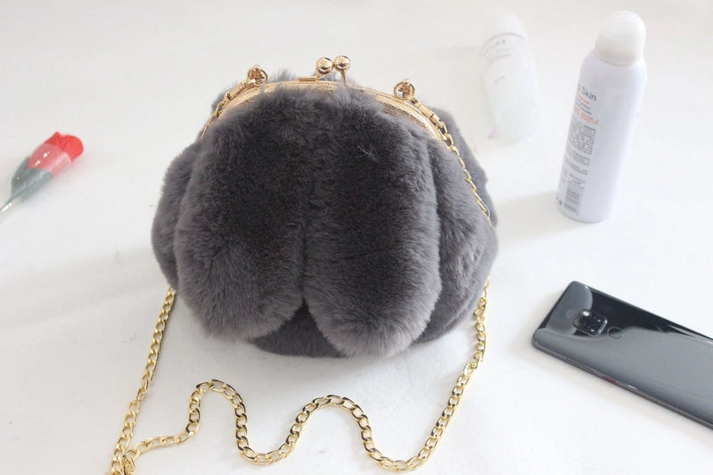 Women’s Plush Rabbit Solid Color Cute Round Lock Clasp Handbag Crossbody Bag