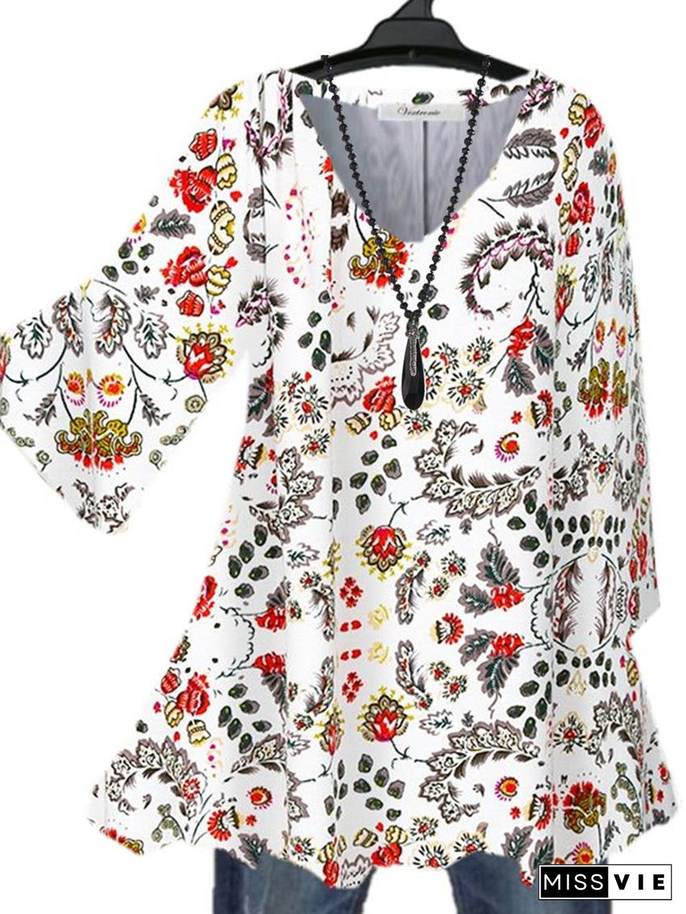 Women 3/4 Sleeve V-neck Floral Printed Graphic Top