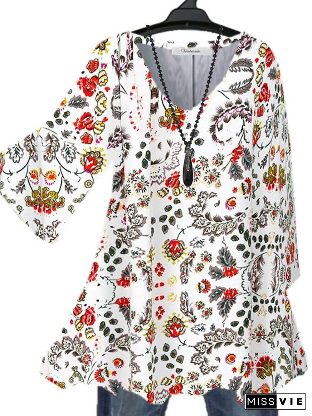 Women 3/4 Sleeve V-neck Floral Printed Graphic Top