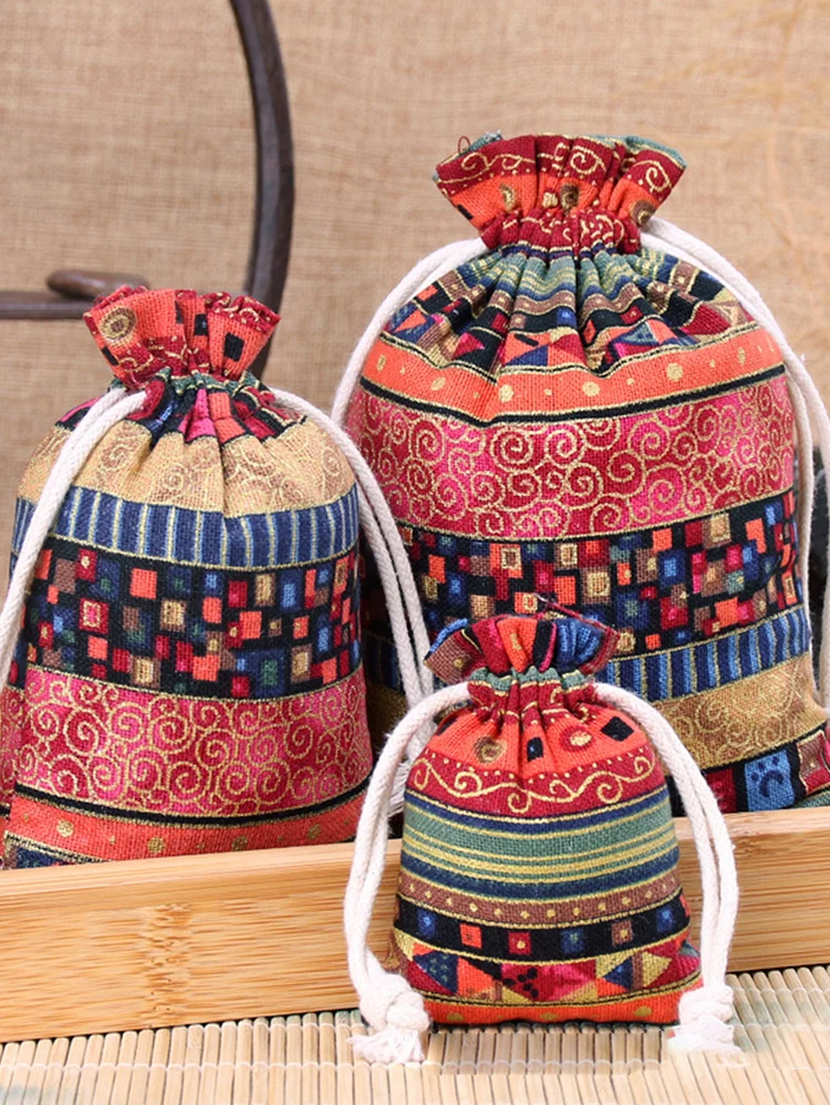 Vintage Multicolor Ethnic Drawstring Pouch Package Storage Bag
