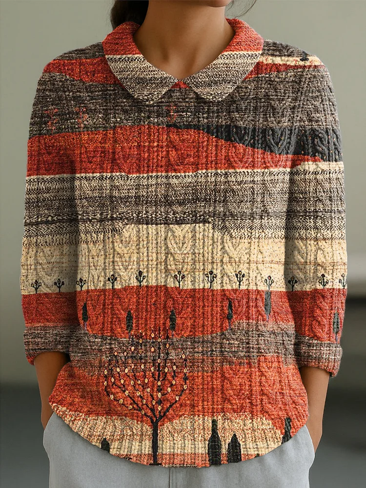 Women's Vintage Abstract Landscape Painting Art Print Casual Peter Pan Collar 3/4 Sleeve Sweater