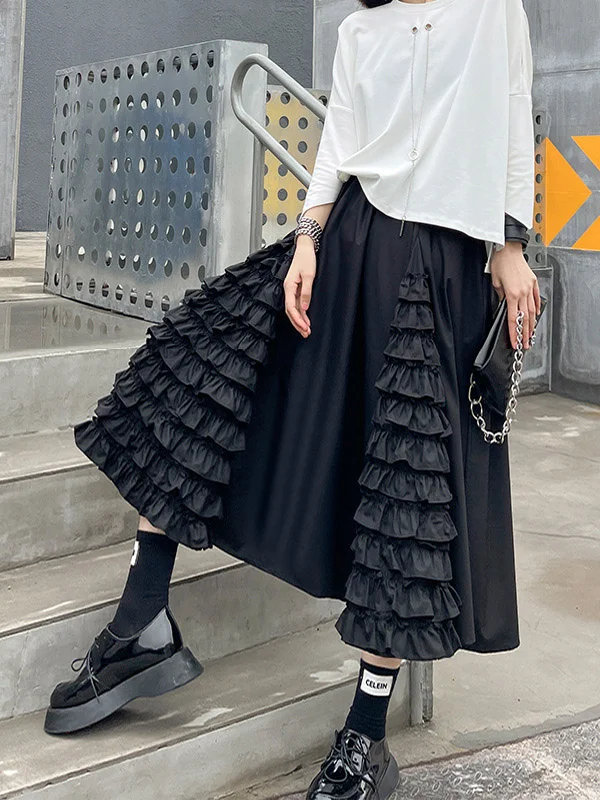 Original Lacy Splicing Black High-Waist Roomy A-Line Skirt