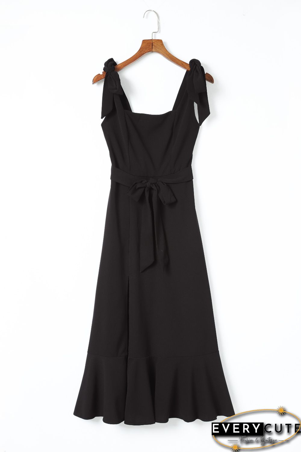Black Tie Shoulder Smocked Back Side Slit Maxi Dress