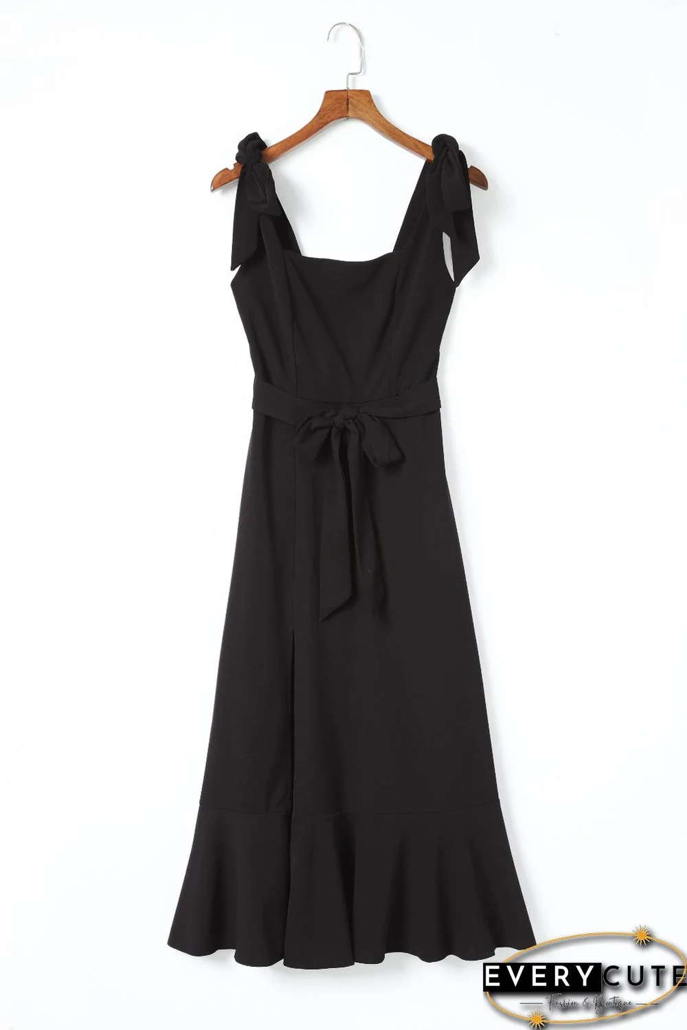 Black Tie Shoulder Smocked Back Side Slit Maxi Dress