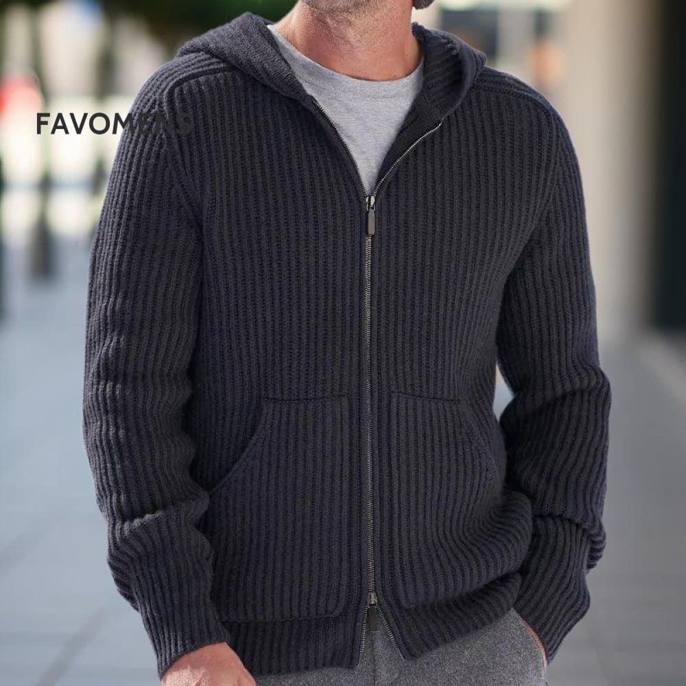 Men’s Knitted Sweater Hooded Long Sleeve Zippered Jacket Black / M
