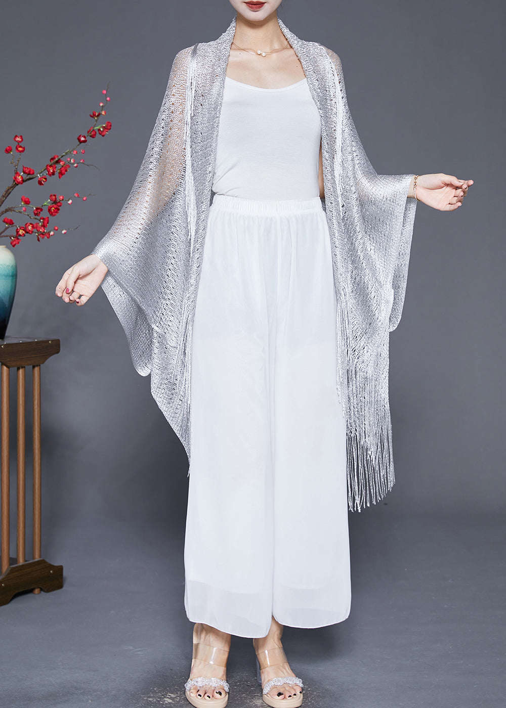 VCSHOES Silver Hollow Out Tasseled Knit Cardigan Fall
