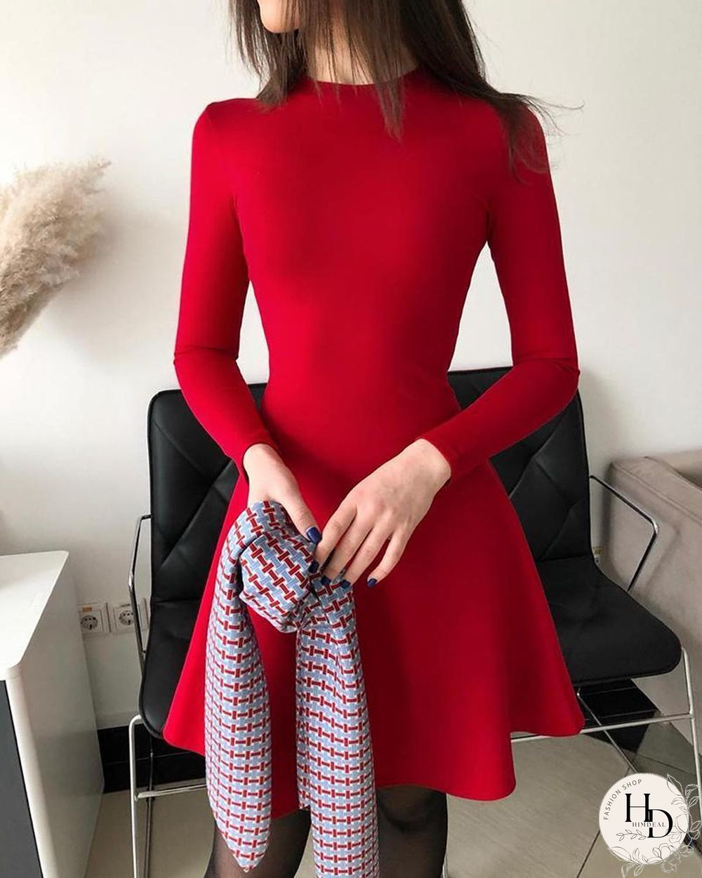 Long Sleeve Plain Casual Dress P13327